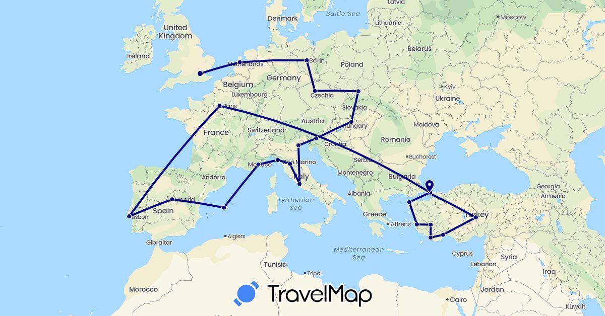 TravelMap itinerary: driving in Czech Republic, Germany, Spain, France, United Kingdom, Hungary, Italy, Netherlands, Poland, Portugal, Slovenia, Turkey (Asia, Europe)