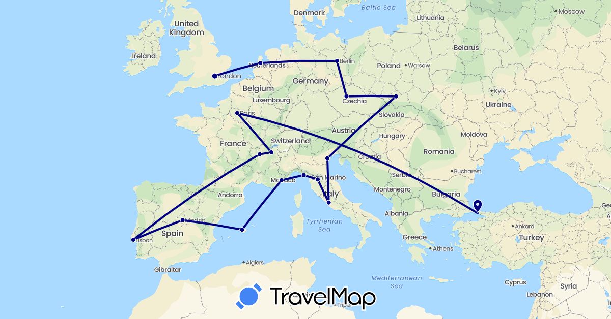 TravelMap itinerary: driving in Czech Republic, Germany, Spain, France, United Kingdom, Italy, Netherlands, Poland, Portugal, Turkey (Asia, Europe)